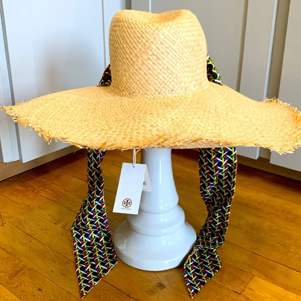 Tory Burch Straw Hat with Silk Tie in Black Basketweave Print - NWT, OS - Picture 2 of 6